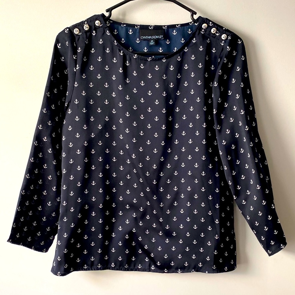 Cynthia Rowley Nautical Anchor Print Blouse XS - Picture 1 of 6